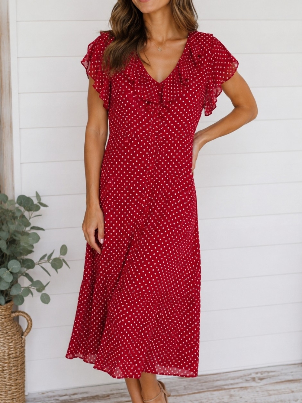 Red Polka Dot Midi Dress with Ruffle V-Neck